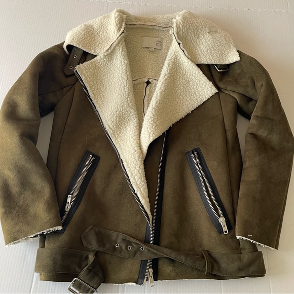 J.O.A. Olive Bomber Jacket withShearling Collar Faux Suede Sherpa Moto Cabincore - Picture 9 of 14